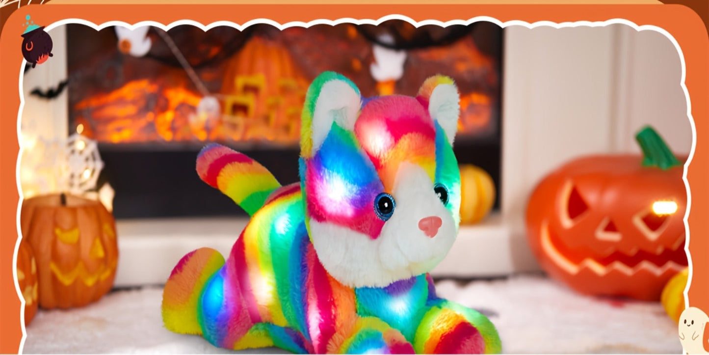 Plush Toy Rainbow Cat with LED Glow and Optional Music for Colorful Kawaii Room Display and Gifting