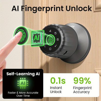 GHome KD03 PRO Smart Door Knob 4-in-1 with USB-C Charging & Gateway Remote – Fingerprint, Keypad & App, Anti-Peep, Tamper Alarm