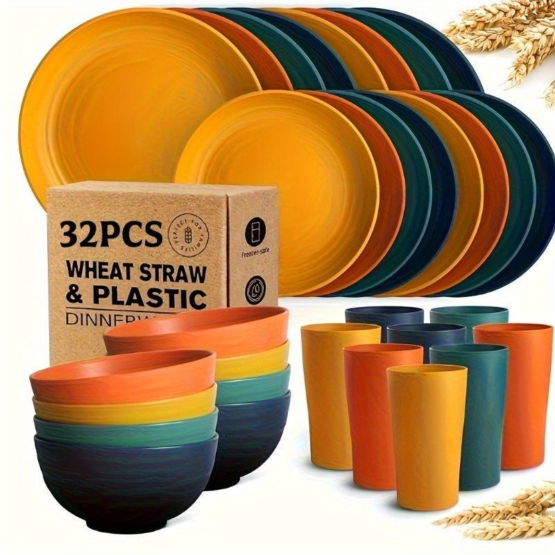 Wheat Straw Dinnerware Set 16 or 32 Piece – Plates & Bowls for 4 or 8 People, Microwave & Dishwasher Safe Plastic Dish Set