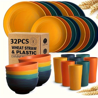 Wheat Straw Dinnerware Set 16 or 32 Piece – Plates & Bowls for 4 or 8 People, Microwave & Dishwasher Safe Plastic Dish Set