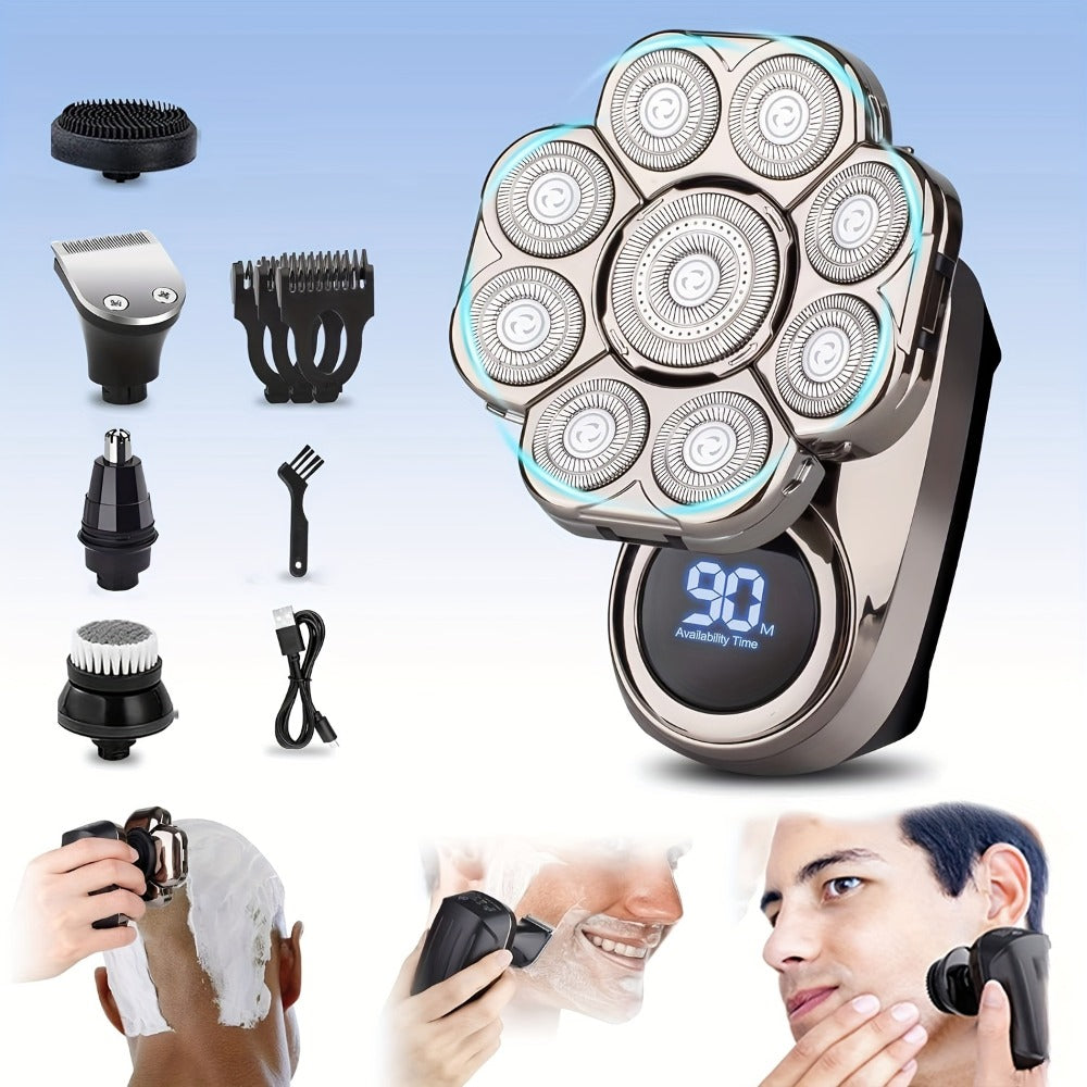 Nine-Head Rotary Electric Shaver Kit with Four Grooming Attachments, LED Display and Silver Finish