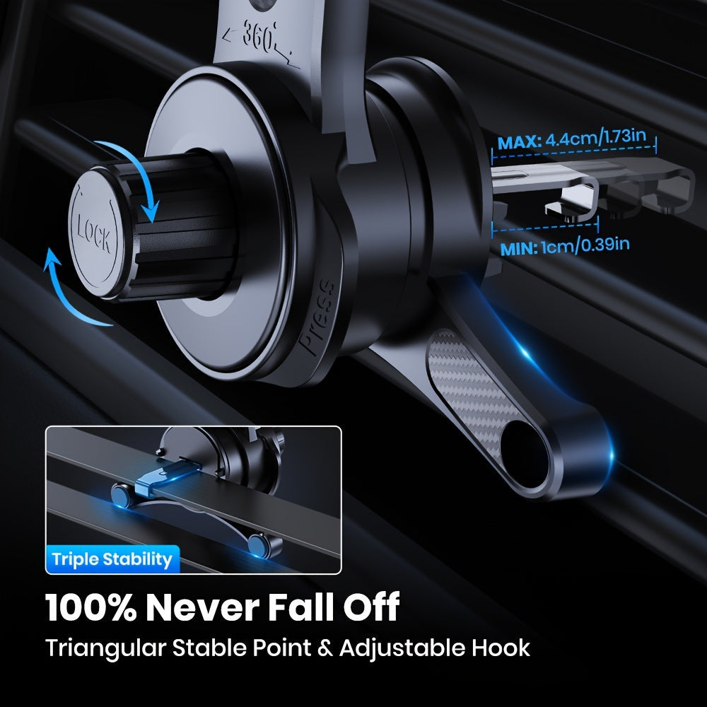 Three-Point Air-Vent Phone Mount with Extendable Hook, Adjustable Arm and Black Finish for In-Car Viewing