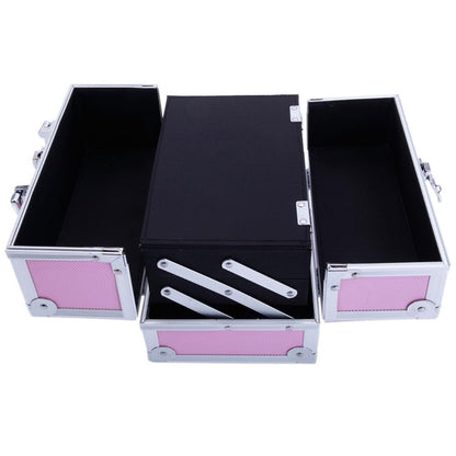 Tabletop Makeup Carry Case with Mirror, Fold-Out Trays and Dividers in Black, Silver or Pink