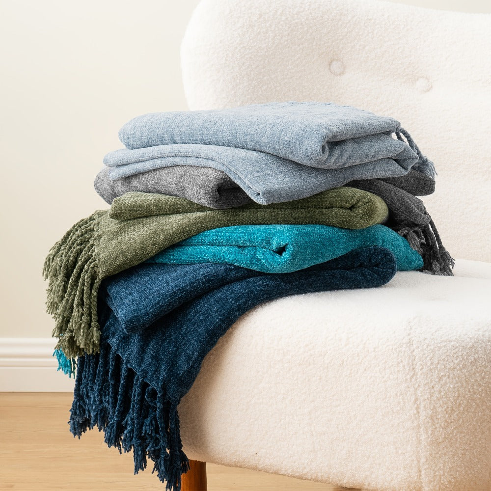 Chenille Fringe Throw Blanket, 180-200gsm Velvety Decorative Throw for Sofa & Couch, Home Decor, 50”×60”