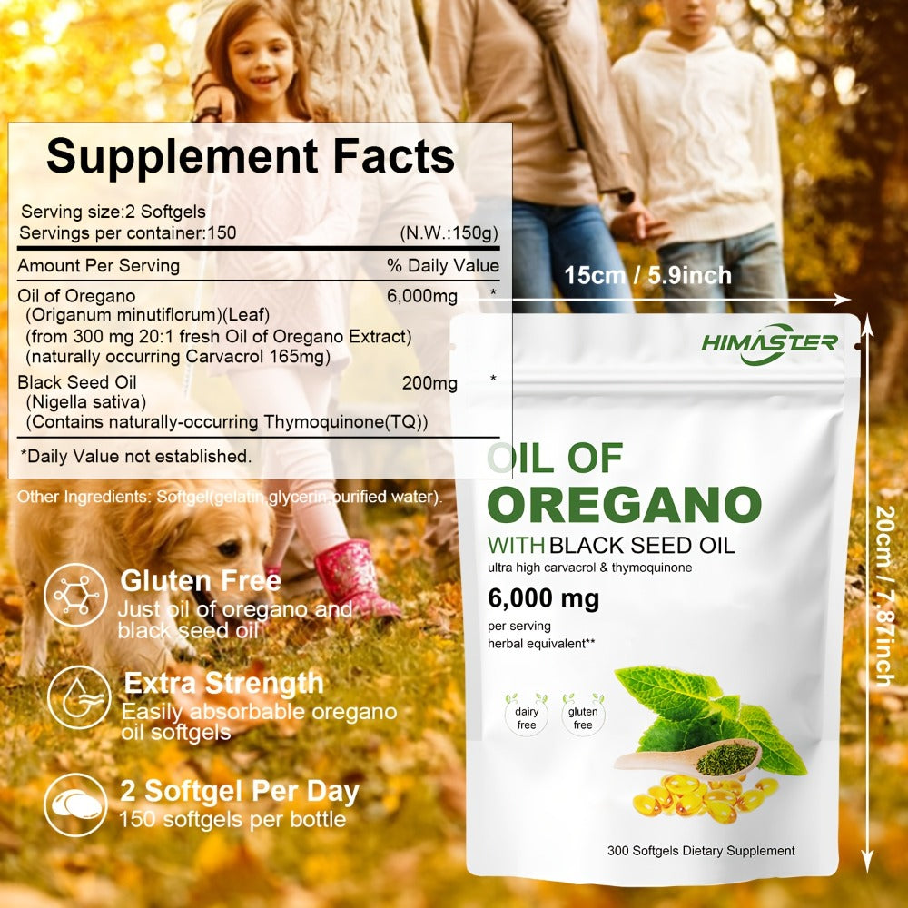 Herbal Supplements with HIMASTER Label, Oregano Oil 6000mg and Black Seed Oil 200mg, 300 Softgels
