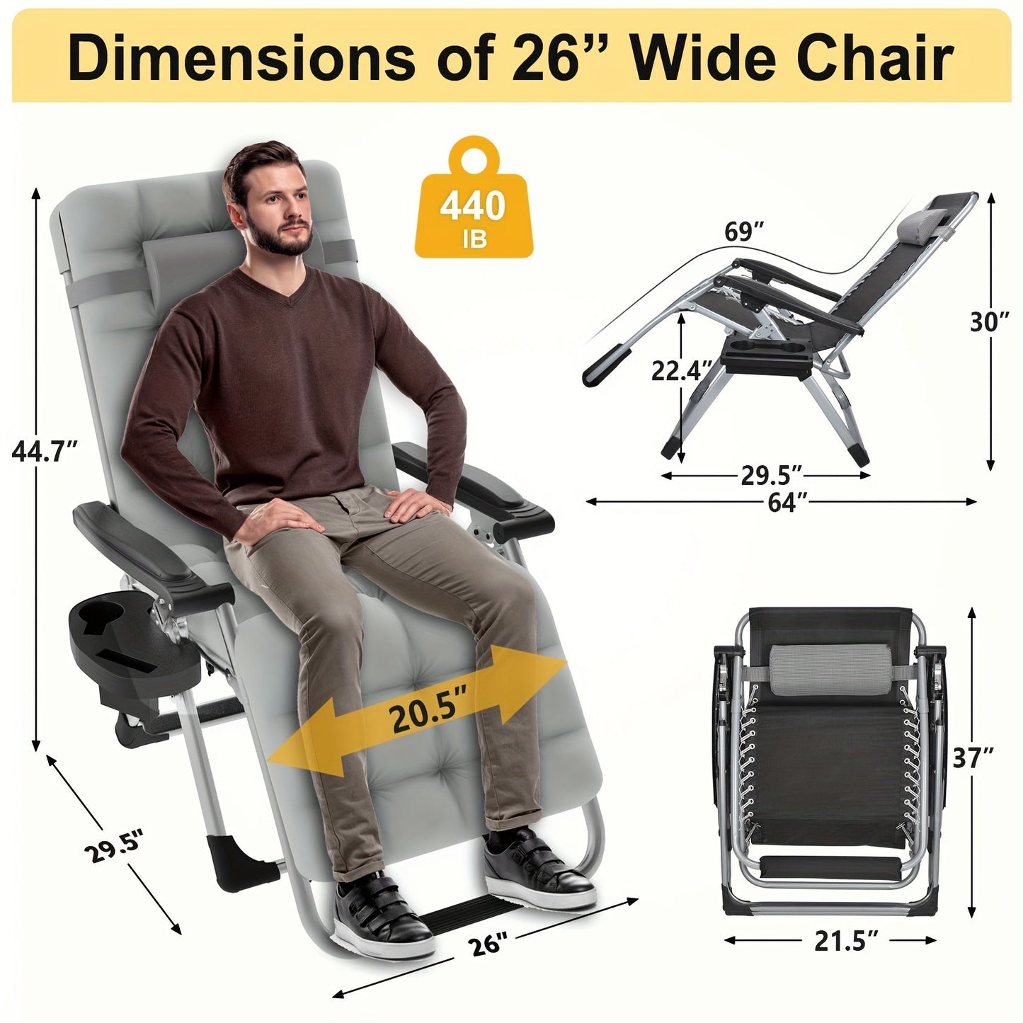 Zero Gravity Chair Outdoor Recliner – 440LBS Capacity, 4-Inch Thick Cushion, Upgraded Aluminum Lock, Cup Holder & Headrest, Breathable Mesh