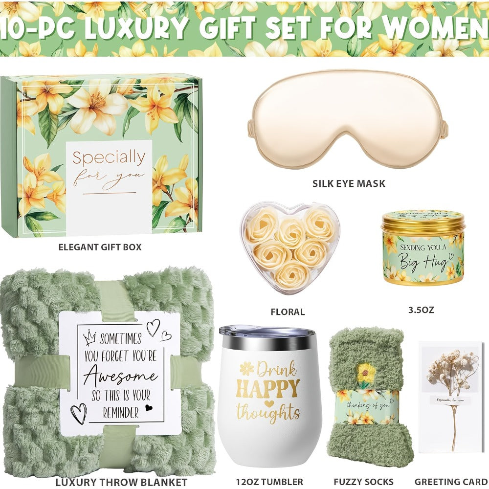 Self-Care Gift Basket for Women - Vanilla Coconut Spa Set with Cozy Blanket, Relaxing Gift for Mom Sister Friend Wife Grandma