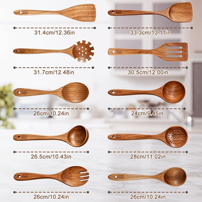 Kitchen Utensils 10-Piece Teak Wood Spoon and Spatula Set with Thickened, Basic and Shovel Configurations