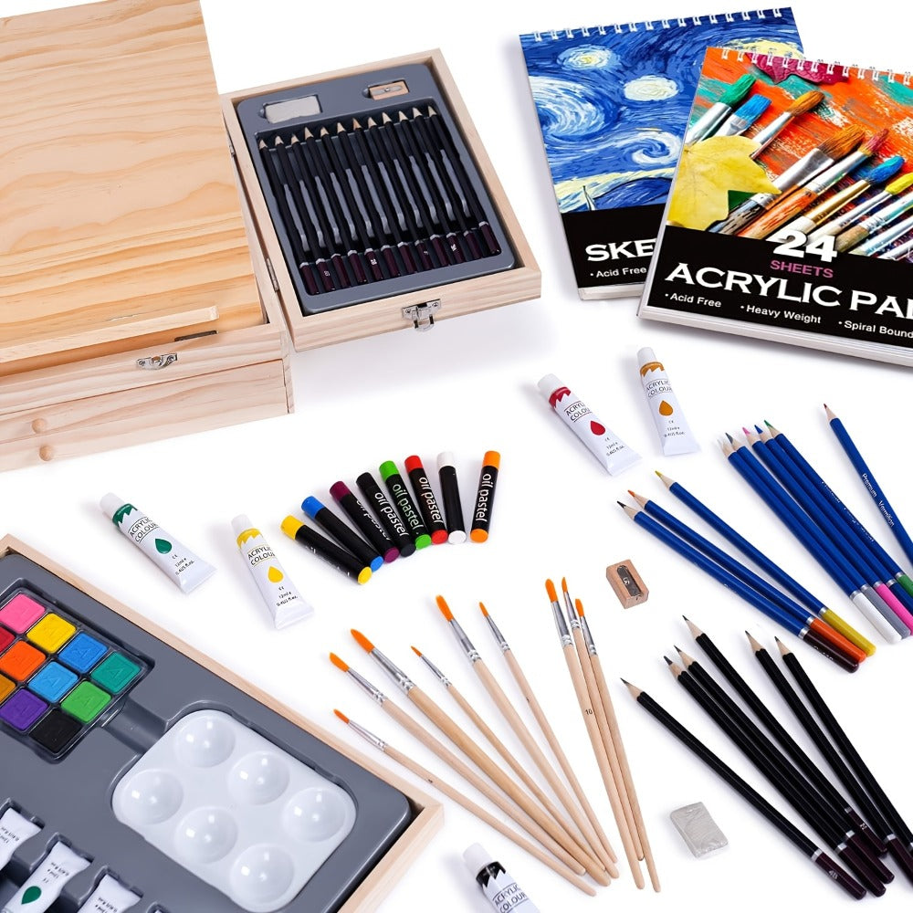 85-Piece Mixed-Media Art Set with Wooden Tabletop Easel, Paints, Pencils, Brushes and Paper Pads
