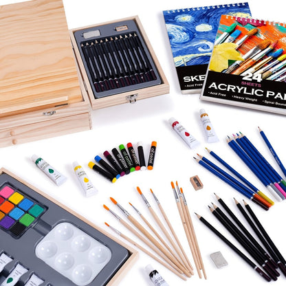 85-Piece Mixed-Media Art Set with Wooden Tabletop Easel, Paints, Pencils, Brushes and Paper Pads
