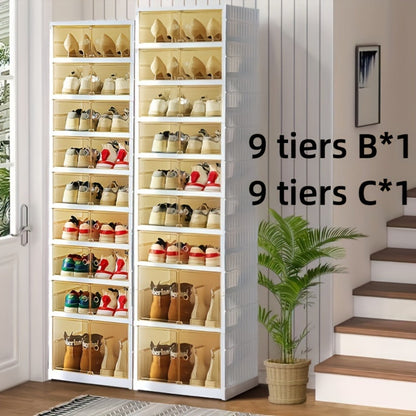 Shoe Rack Organizer 9-Tier, Collapsible Clear Plastic Foldable Stackable Shoe Cabinet with Shelves & Doors