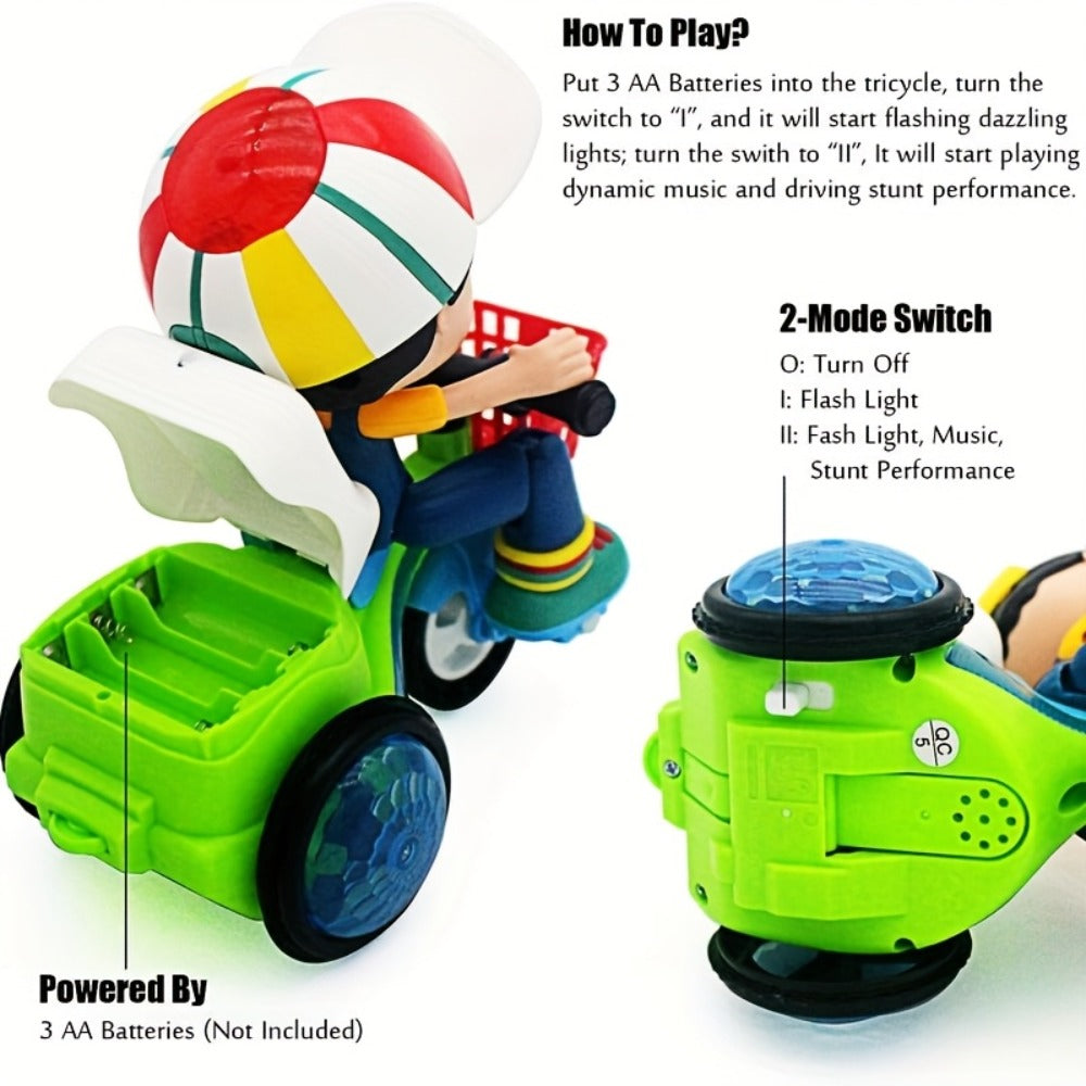 Kids Electric Tricycle Toy Motorcycle with 360° Rotation & Luminous Lights, Push & Power Dual-Mode Stunt Vehicle for Toddlers Boys Girls