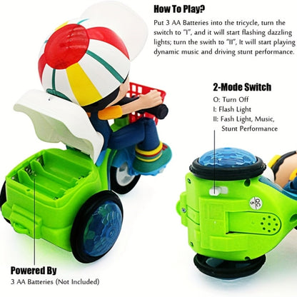 Kids Electric Tricycle Toy Motorcycle with 360° Rotation & Luminous Lights, Push & Power Dual-Mode Stunt Vehicle for Toddlers Boys Girls