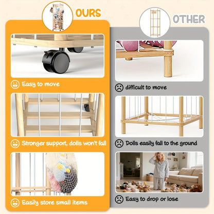 Stuffed Animal Storage Organizer with Pine Wood Frame, Wheels and 2 or 3 Tiers for Nursery or Playroom