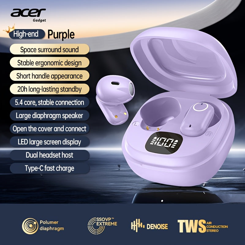 Wireless Earbuds Acer Sports TWS with Touch Controls, Charging Case and Black, Purple or Beige Color Options