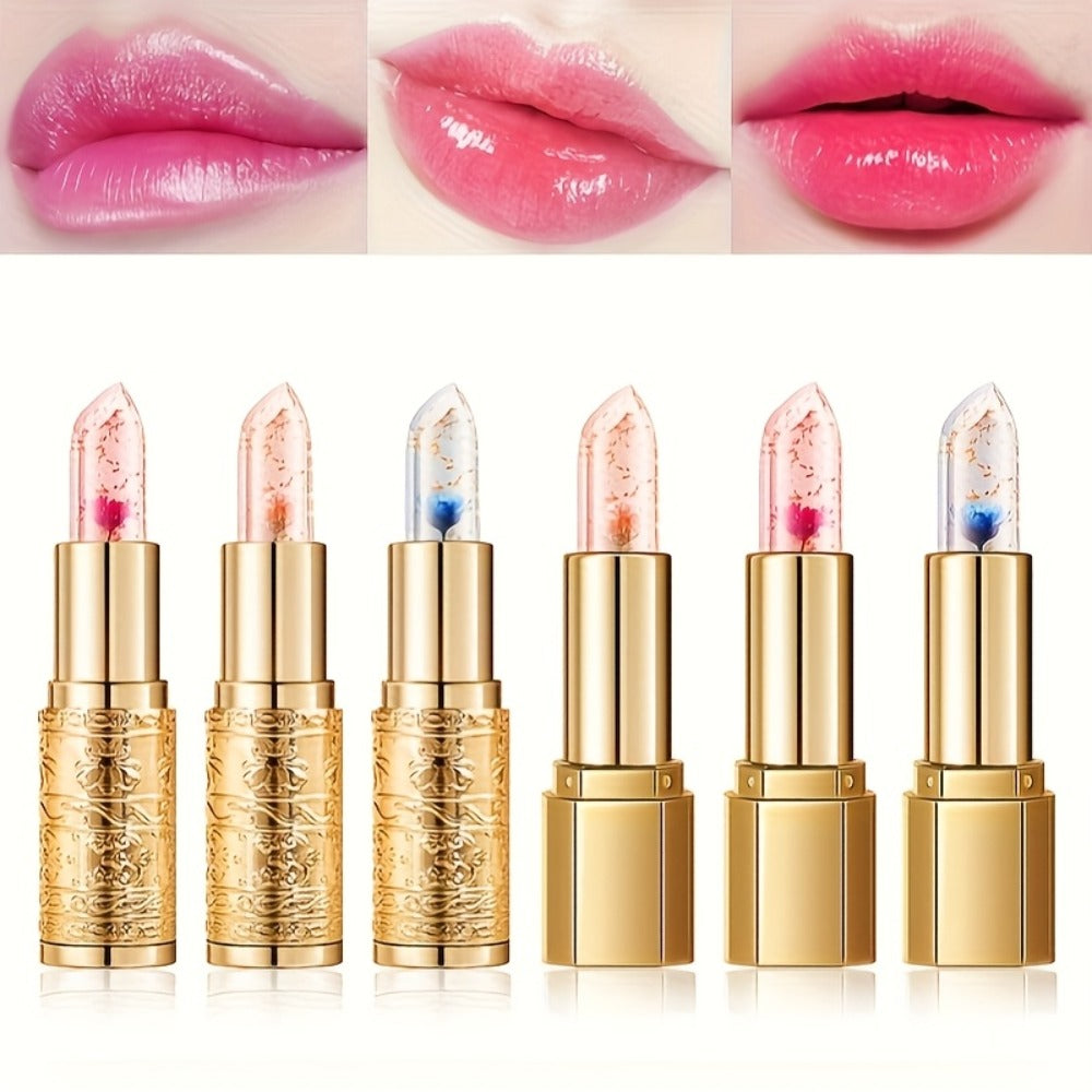 Jelly Flower Lipstick Set 6-Pack Color Changing Lip Balm Temperature Activated Tint Hydrating Squalane Formula Moisturizing Tinted Lip Gloss