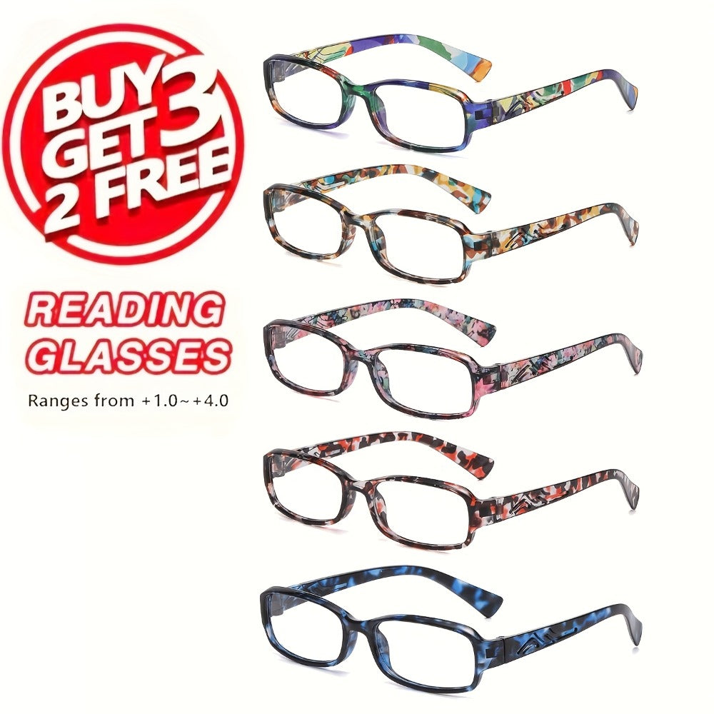 Reading Glasses 5-Pack Square Multicolor Printed Frames with Lens Design and 1.0x to 4.0x Options