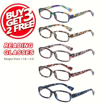 Reading Glasses 5-Pack Square Multicolor Printed Frames with Lens Design and 1.0x to 4.0x Options