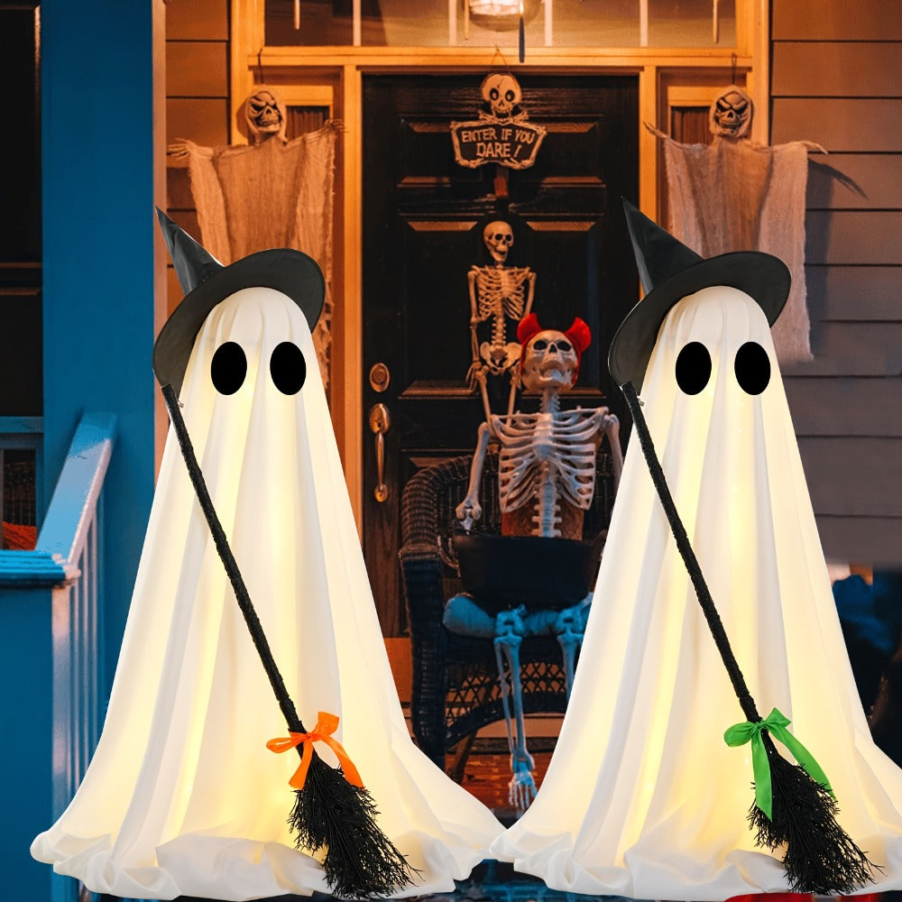 Halloween Ghost with Broom Outdoor Decoration, Eerie Spooky Ghost Ornament for Porch, Yard, Garden & Lawn