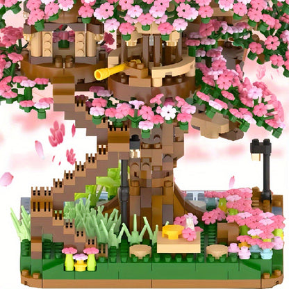 Building Block Set Cherry Blossom Tree House, 1020 or 2028 Micro Pieces with Pink Canopy and Base Display