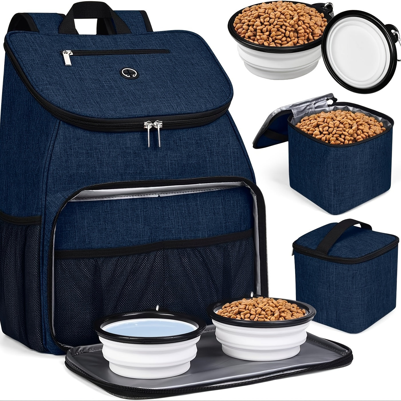 Pet Travel Backpack Double Layer Dog Cat Supplies Bag with 2 Collapsible Bowls 2 Food Baskets Portable Organizer for Outdoor Hiking Camping