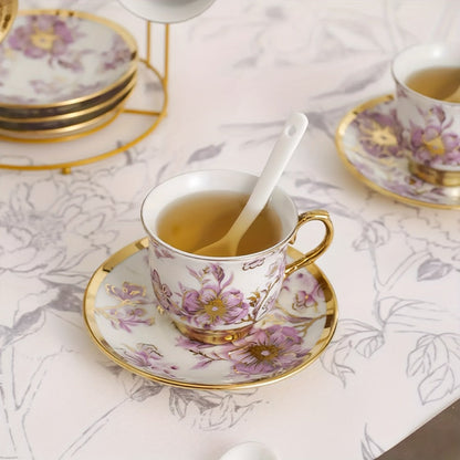 20-Piece Floral Ceramic Tea Set with Saucers & Metal Stand, European Afternoon Tea Service, Blooming Design