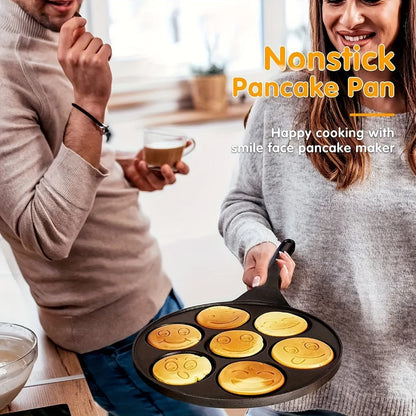 Non-Stick Pancake Pan 7-Hole Smiley Face, Fun Breakfast Egg & Bacon Frying Tray for Kids & Family