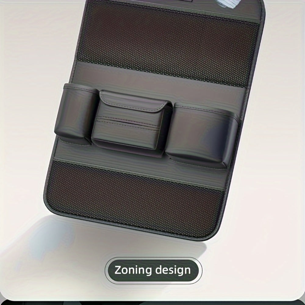 Seatback Car Organizer with Fold-Down Tray, Cup Recesses, Tissue Opening and One- or Two-Piece Packs