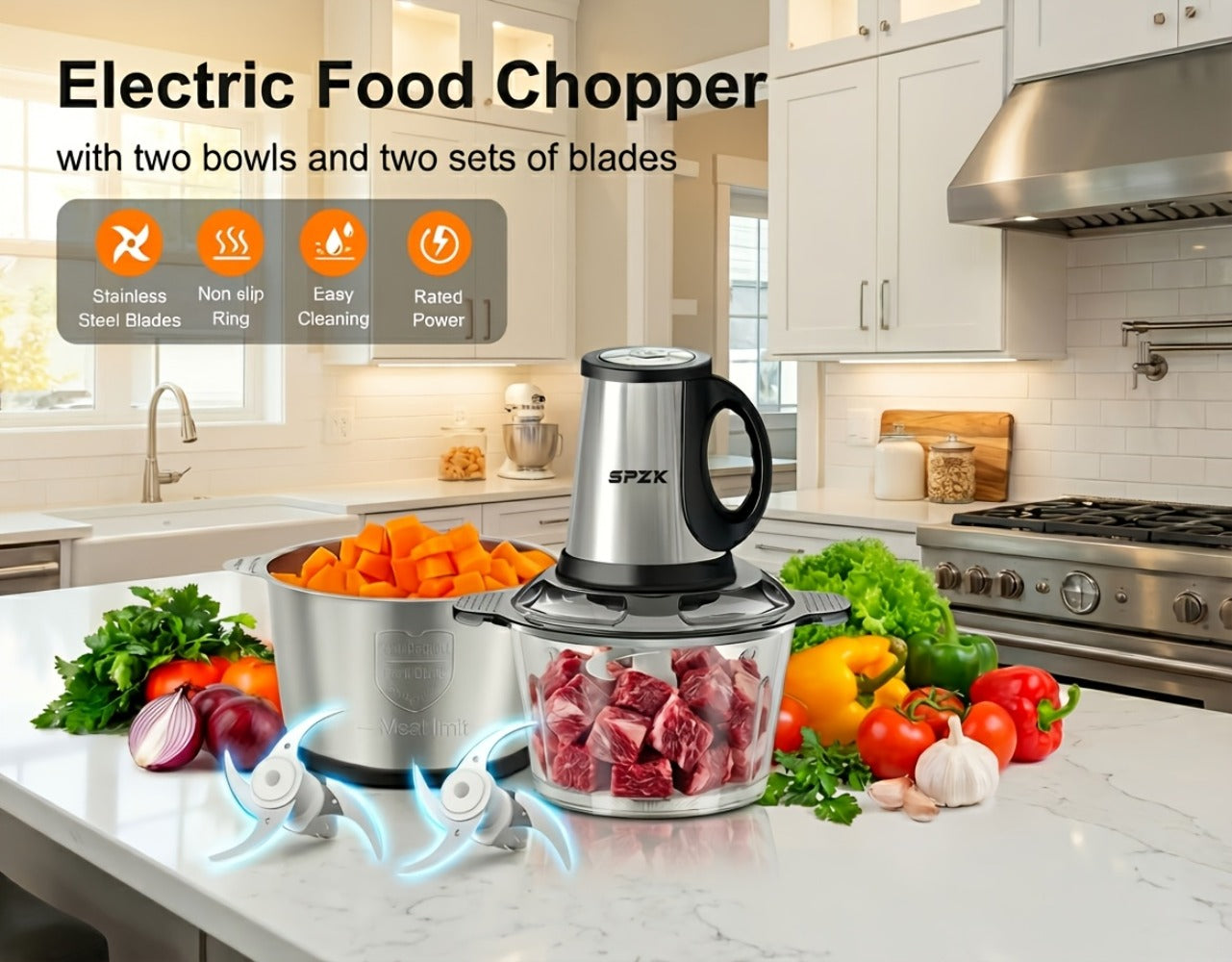 Electric Food Chopper with 2 Bowls & 2 Blades, Multi-Function Food Processor, Meat Grinder & Vegetable Chopper for Meats