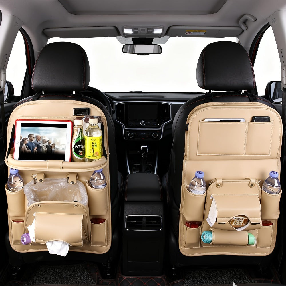 One-Piece Seatback Car Organizer with Fold-Down Tray, Cup Recesses, Mesh Pockets and Four Colors