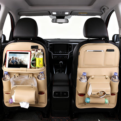 One-Piece Seatback Car Organizer with Fold-Down Tray, Cup Recesses, Mesh Pockets and Four Colors