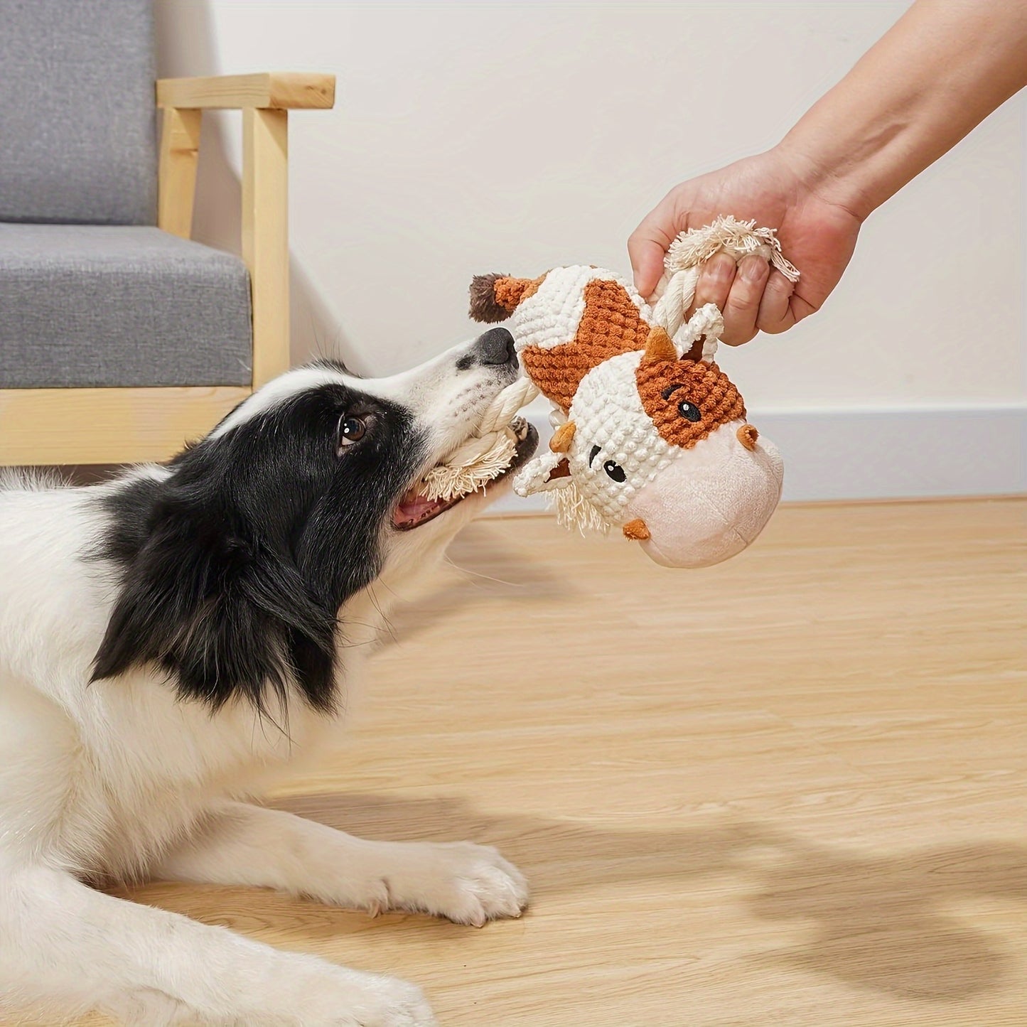 Squeaky Plush Cow Dog Toy with Crinkle Paper – Interactive Tug of War Chew Toy for Small Medium Large Dogs