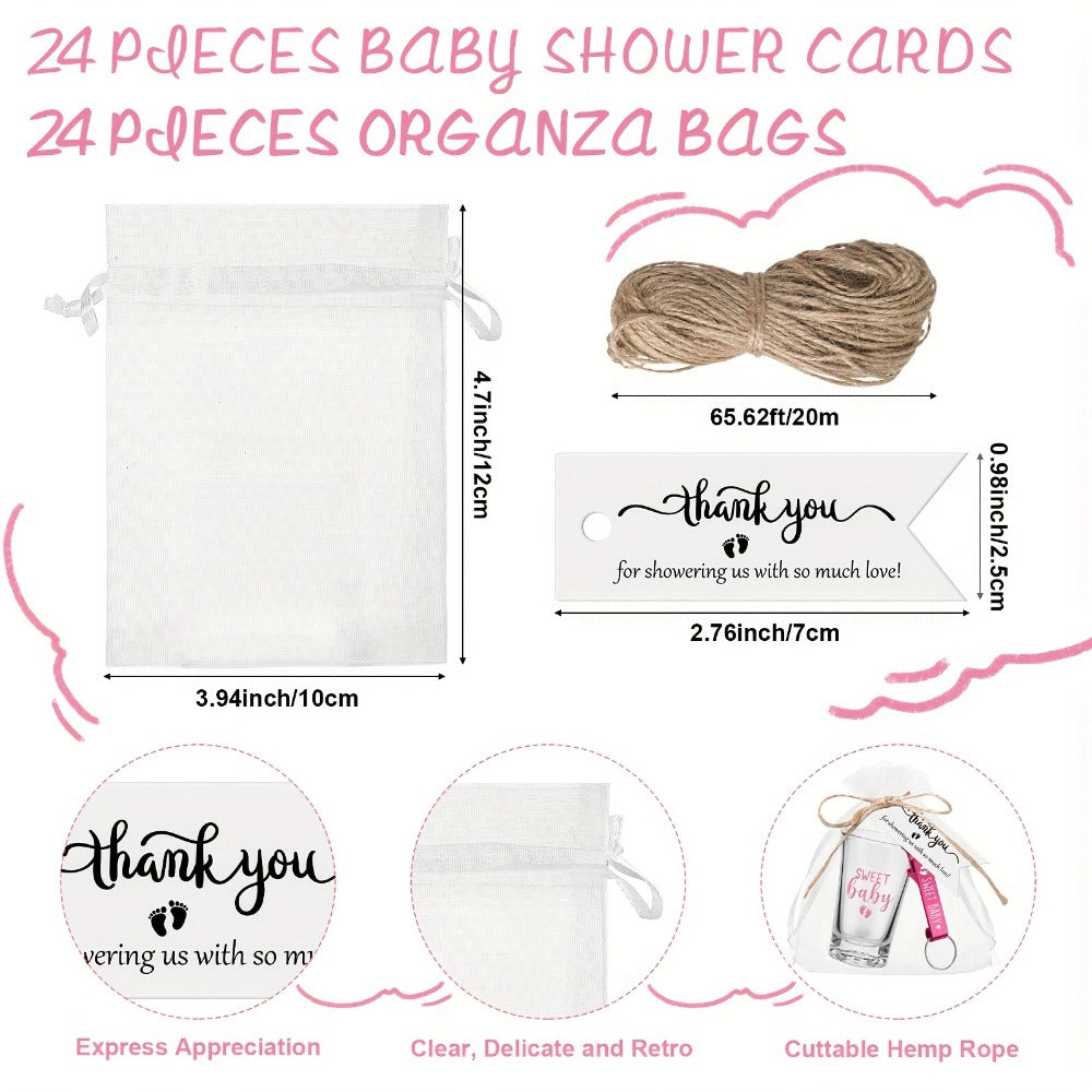 Baby Shower Party Favors, 96-Piece Set for 24 Guests with Shot Glasses, Bottle Openers, Thank You Tags and Organza Bags
