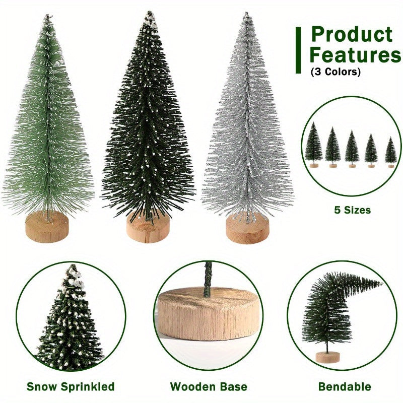 Mini Artificial Christmas Trees Set of 15, Bottle Brush Tabletop Trees with Wooden Base & Snowflake Sprinkles