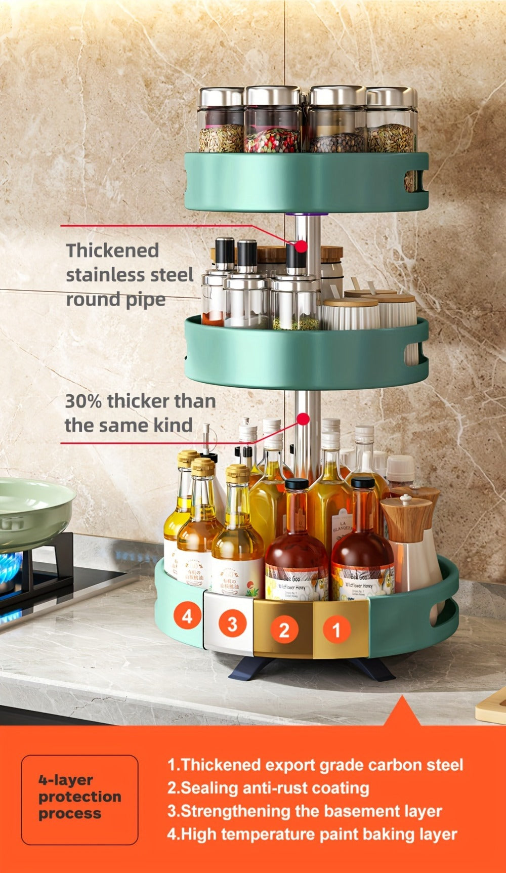Rotating Spice Rack Double Layer Stainless Steel Countertop Corner Seasoning Storage for Laundry Rooms, Closets and Home Organization