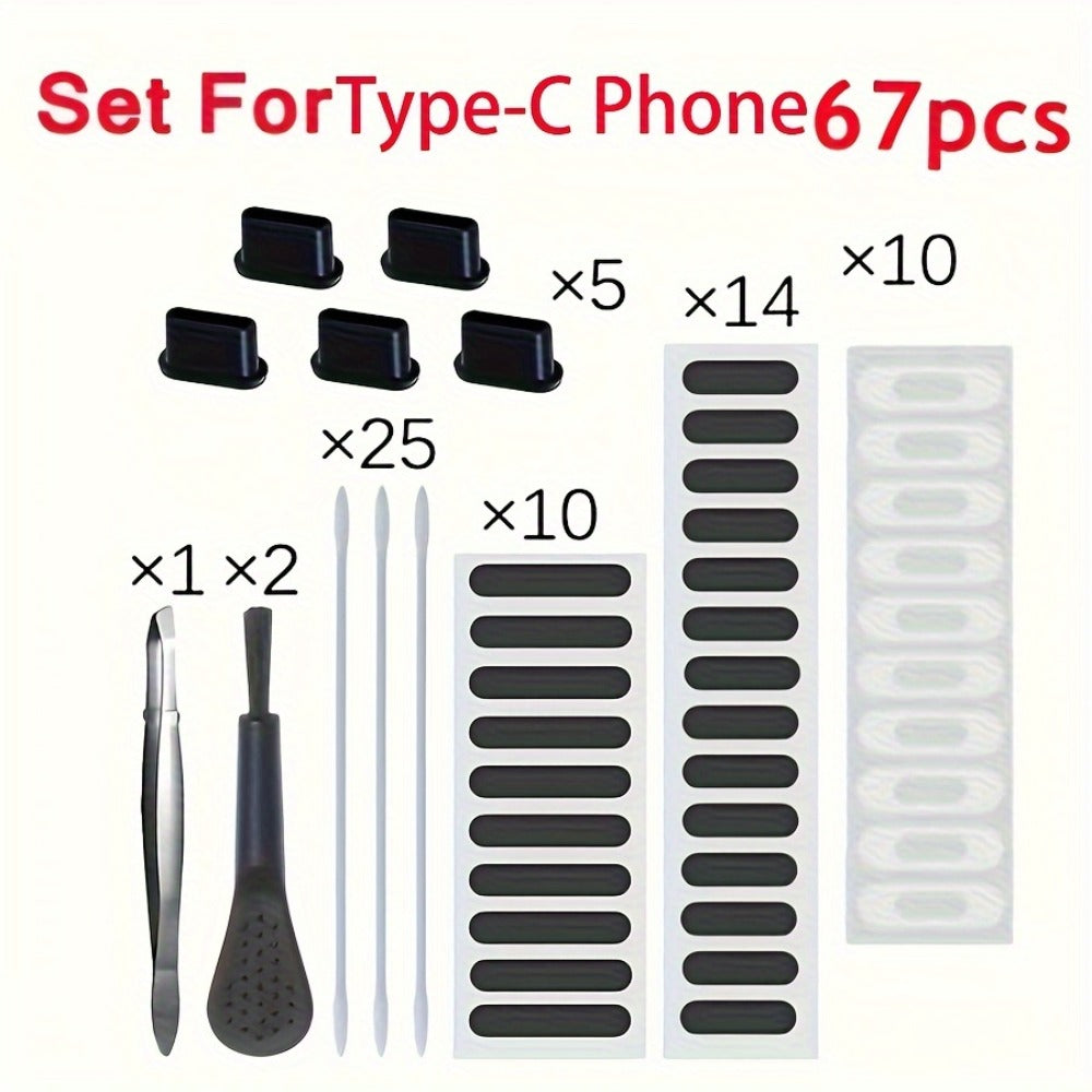 Phone Dust Plug Kit 67PCS – Type-C & Lightning Port Protectors, Speaker Dust Mesh Stickers, Cleaning Brush Set