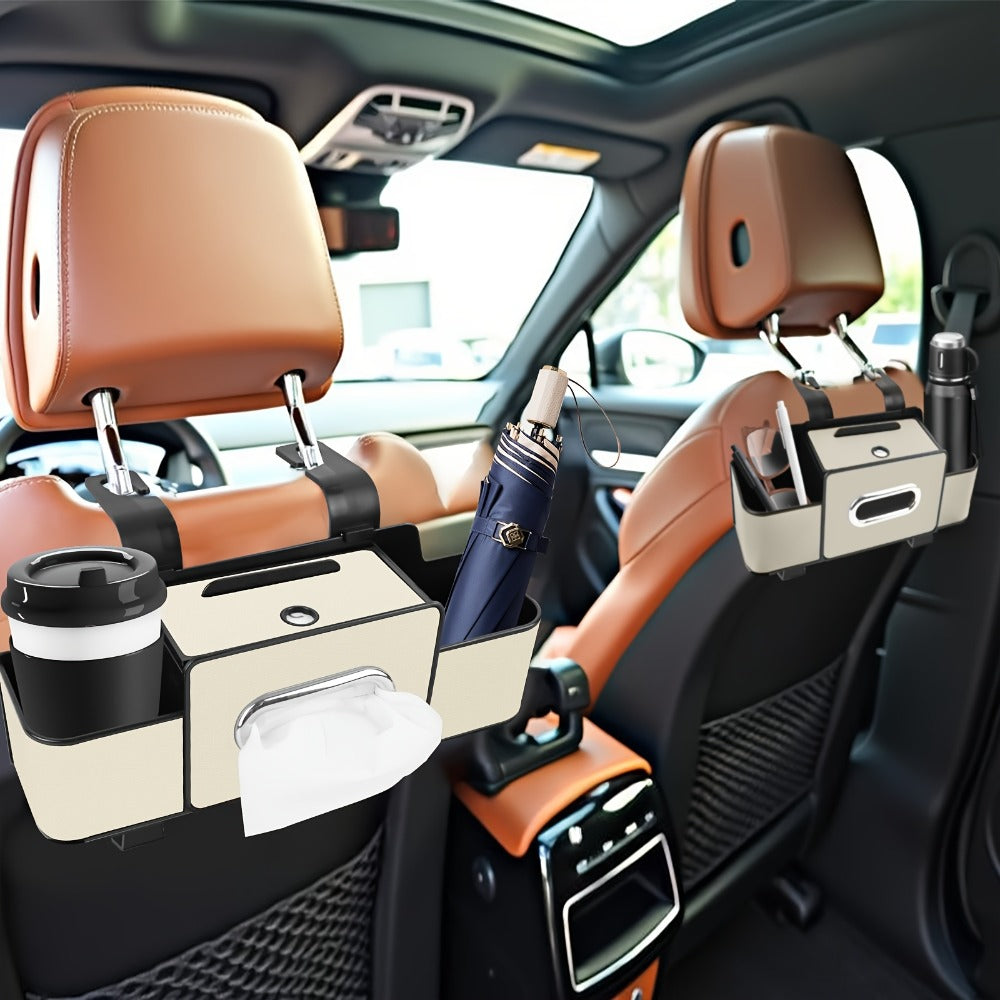 Compact Headrest-Hanging Car Organizer with Two Cup Pockets, Tissue Opening, Hooks and Five Pack Options