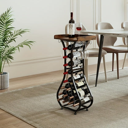 Freestanding Wine Rack Floor 14 Bottles Mini Bar Table Stand Liquor Cabinet with Glass for Home Cooking, Dining and Outdoor Meals