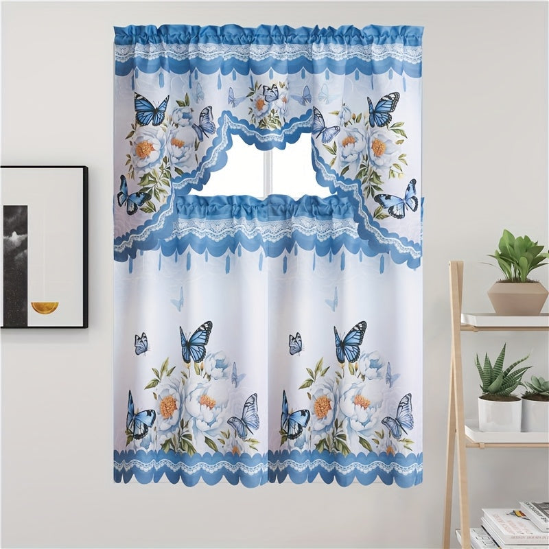 Three-Piece Butterfly Floral Window Curtain Set with Rod-Pocket Valance, Two Tiers and Four Colors