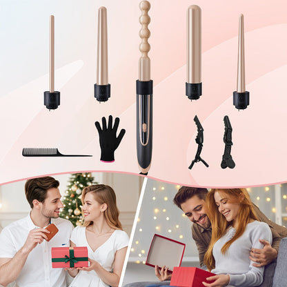 5-in-1 Curling Wand Set Ceramic Interchangeable Barrels 0.4-1.25 Inch – 30s Fast Heat, for Home, Travel and Salon Hair Styling