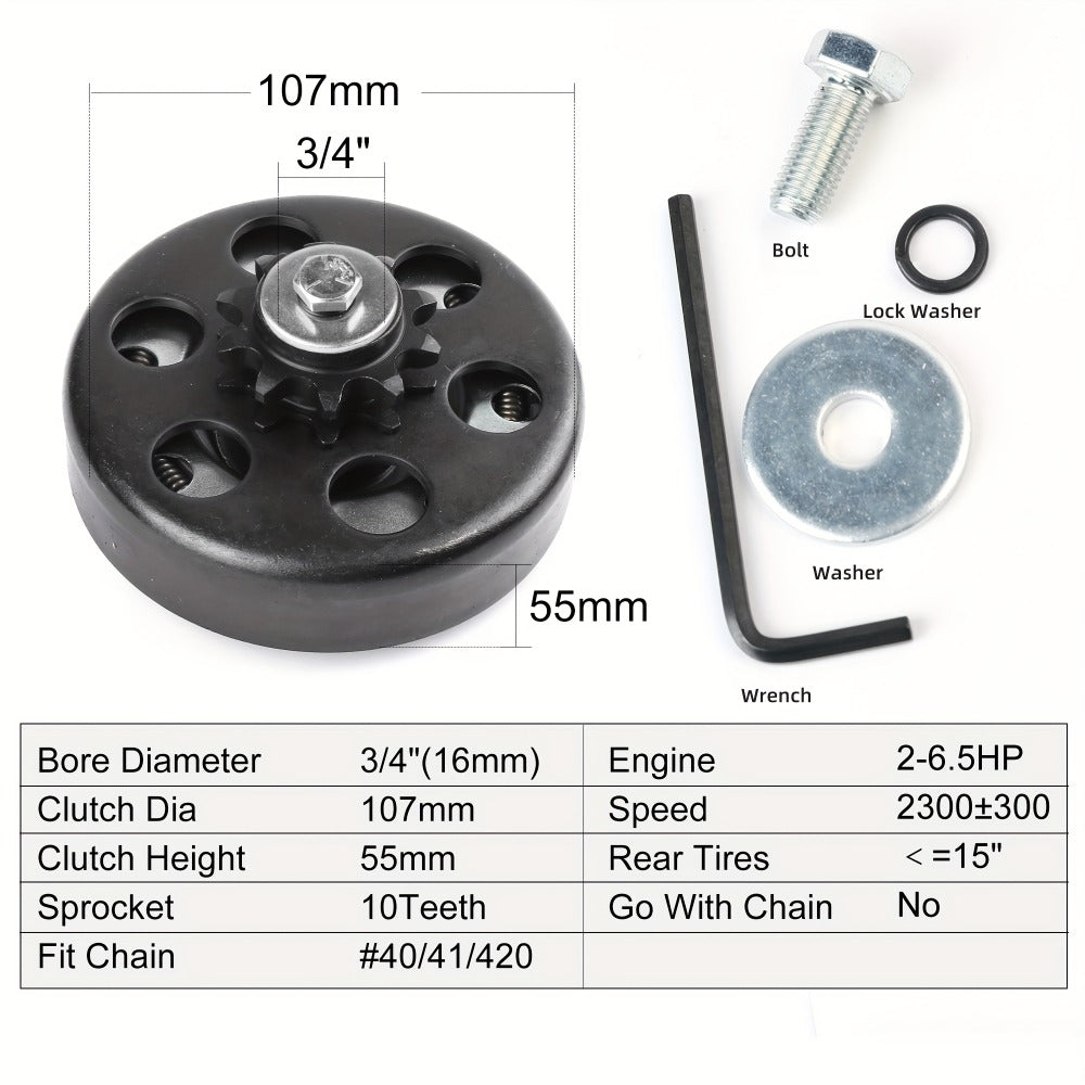 Centrifugal Clutch 3/4" Bore 10 Tooth for #40 41 420 Chain – Fits Predator 212cc, Honda GX160 GX200, Go Kart Minibike Baja MB165 MB200