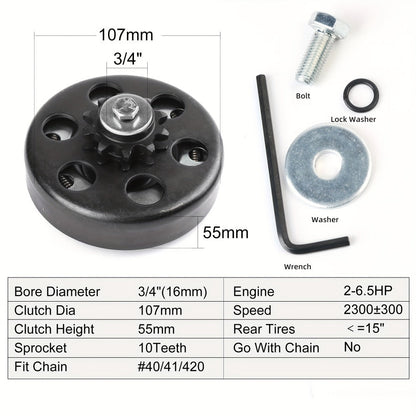 Centrifugal Clutch 3/4" Bore 10 Tooth for #40 41 420 Chain – Fits Predator 212cc, Honda GX160 GX200, Go Kart Minibike Baja MB165 MB200