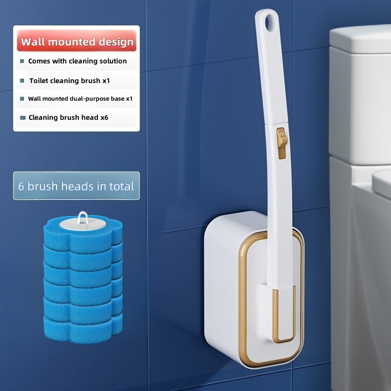 Wall-Mounted Toilet Brush Set with 8 Disposable Heads | No-Drill Easy Install, Long Handle Bathroom Cleaning Brush
