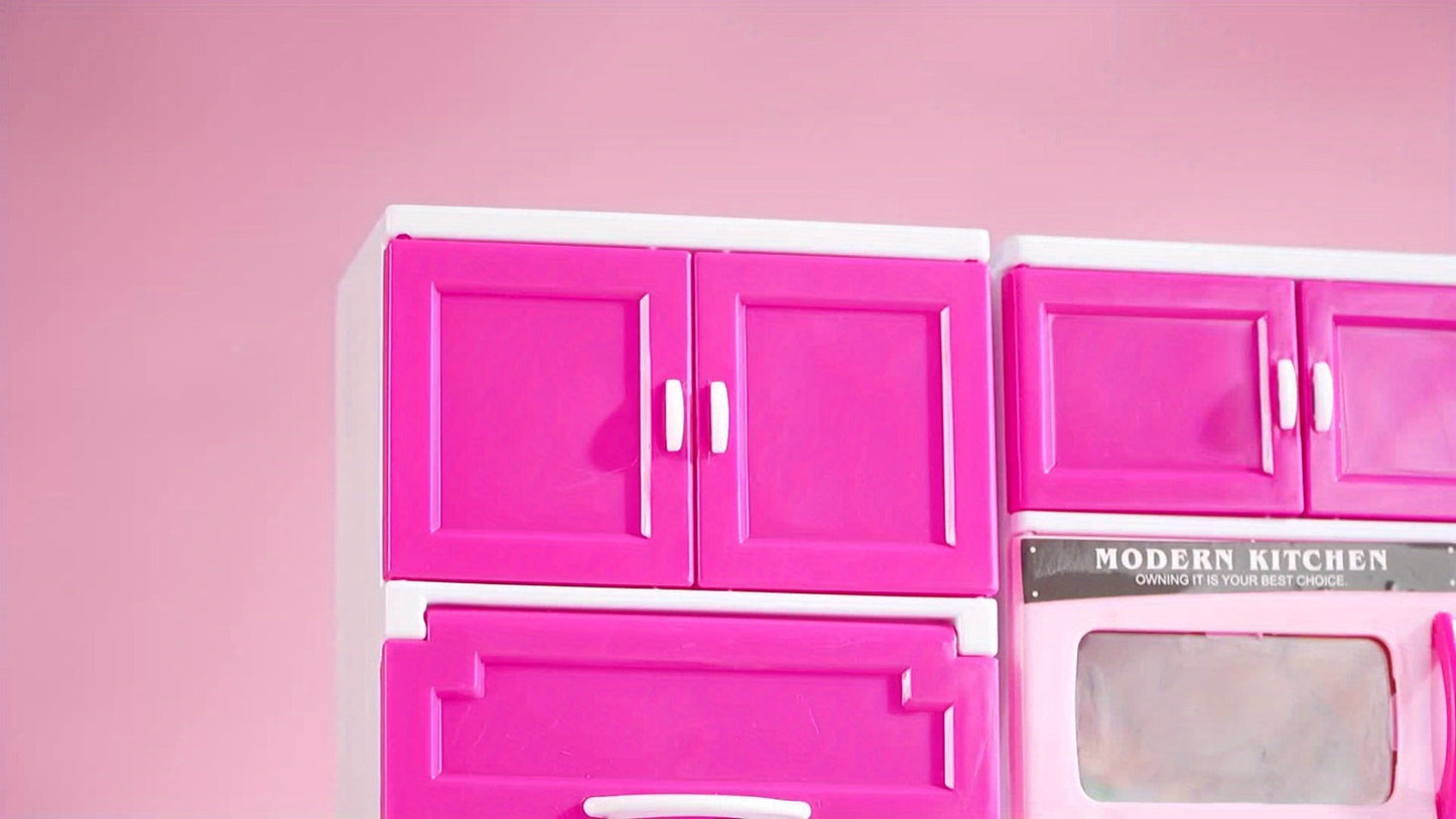 Pink Kitchen Toy Set 64pcs with Lights & Sounds, Mini Furniture Doll Playset for Girls, Pretend Play Kitchen Accessories