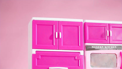 Pink Kitchen Toy Set 64pcs with Lights & Sounds, Mini Furniture Doll Playset for Girls, Pretend Play Kitchen Accessories