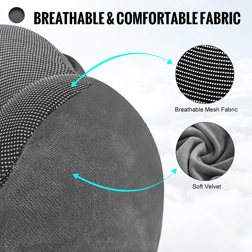 Hooded U-Shaped Travel Neck Pillow with Eye Mask, Carry Bag and Front Drawstrings in Pink, Blue, Black or Grey