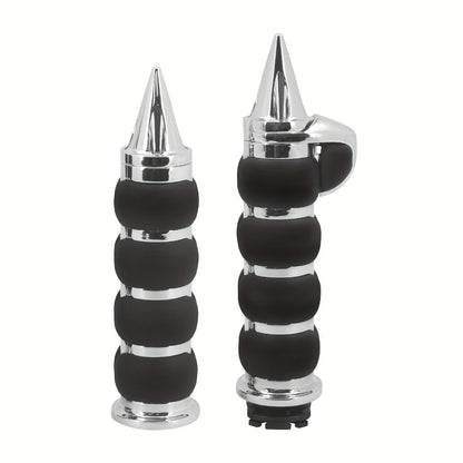 Harley Davidson Handlebar Grips 1-Inch Chrome Rubber Spike Non-Slip, CNC Aluminum & PVC Gel Rubber, Fits Sportster Dyna Touring VRSC XL XR