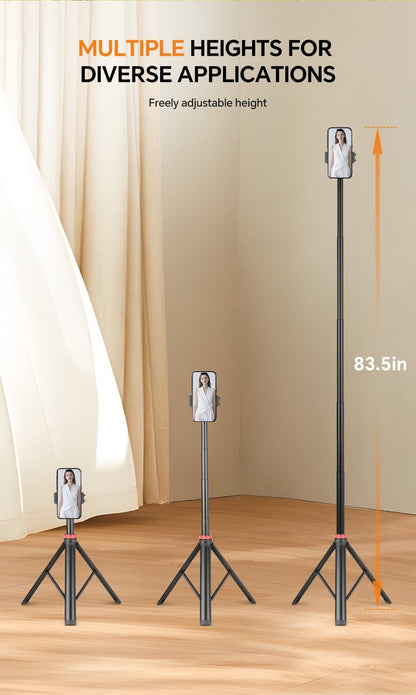 83 Inch Tall Phone Tripod Adjustable with Wireless Remote & Stable Base, Upgraded Extra-Tall Retractable Stand for iPhone 17/15/14