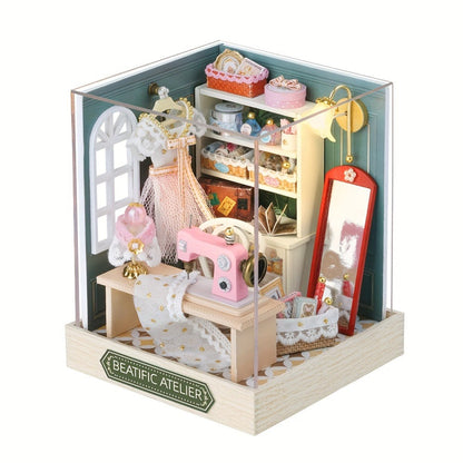 DIY Miniature Shop Dollhouse Kit with Dust Cover, Wooden Mini Store Assembly Set, 4 Themes Sakura Noodles Candy Atelier Coffee