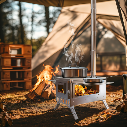 Wood Burning Stove Portable Camping Tent Stove with 7 Detachable Chimney Pipes, Stainless Steel, Adjustable Height